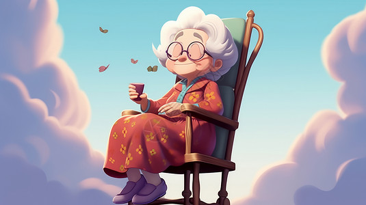 老年人休息手拿杯子坐在椅子上休息的卡通老奶奶插画