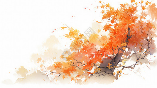 秋天水墨风优雅的橙色卡通树与图片