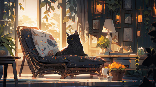 趴在客厅趴在椅子上可爱的卡通人黑色猫插画