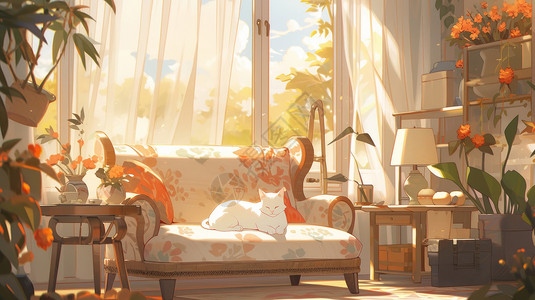 白色客厅素材在沙发上睡觉晒太阳的可爱卡通白色猫插画
