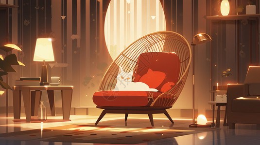 趴在红色椅子上的可爱卡通白色猫图片