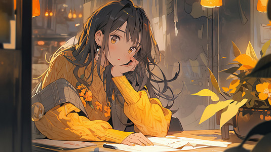 穿黄色毛衣坐在桌子边卡通女孩插画