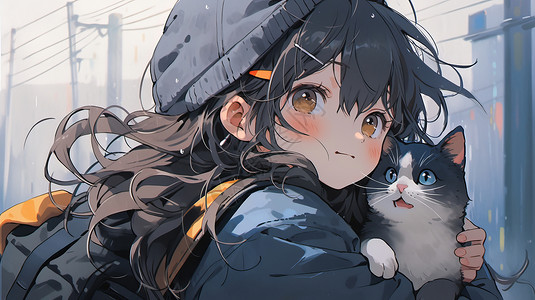 冬天戴着帽子背着书包抱着宠物猫的可爱卡通小女孩图片