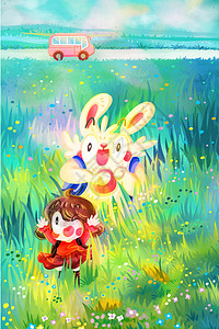 秋天霜降草地兔子女孩旅游背景图片