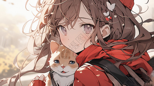抱着宠物猫穿红色卫衣开心笑的卡通女孩背景图片