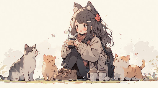坐在地上喝热咖啡的可爱卡通女孩与宠物猫们背景图片