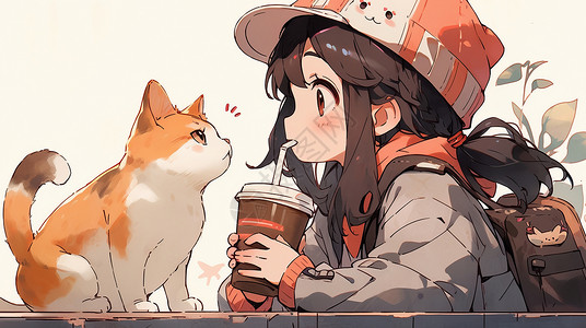 背着书包喝饮料的可爱卡通小女孩在宠物猫前喝饮料背景图片