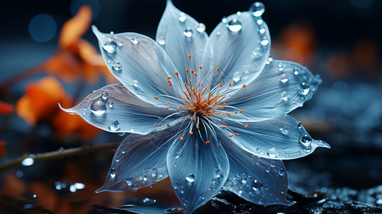 冰花蓝色盛开的花朵上沾满水珠插画