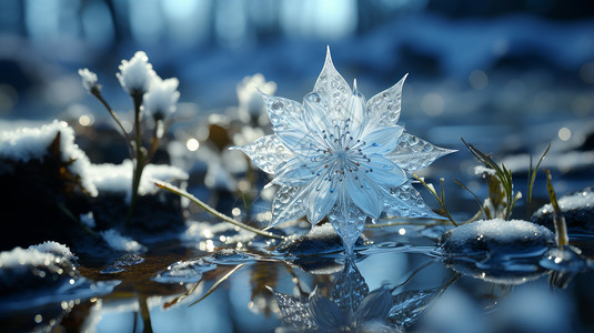 水结冰冬天雪地水面上一朵超现实冰花朵插画