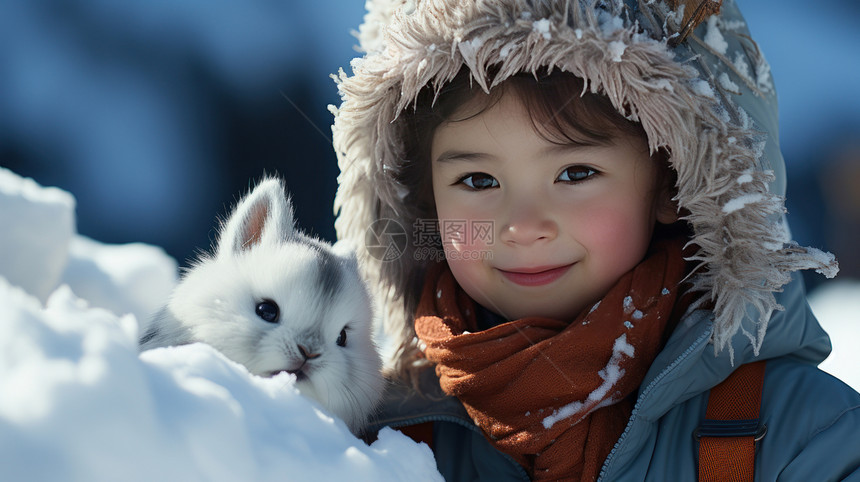 可爱的卡通小孩穿着羽绒戴着帽子与小动物在雪地中图片