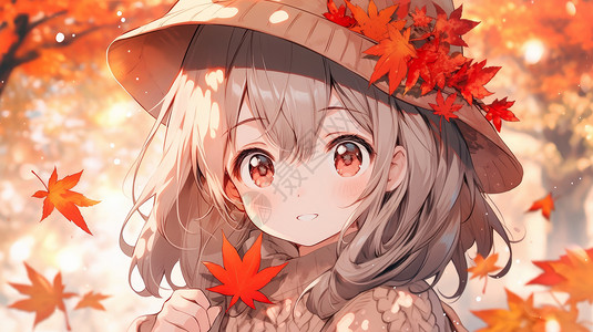 很多叶子头上落很多枫叶的漂亮卡通女孩插画