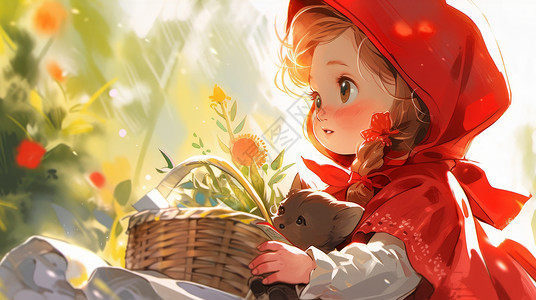 手拿篮子女孩戴着红色帽子手拿花篮的可爱卡通小女孩插画