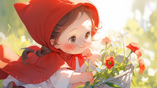 看着花朵戴着红色帽子的可爱卡通小女孩图片