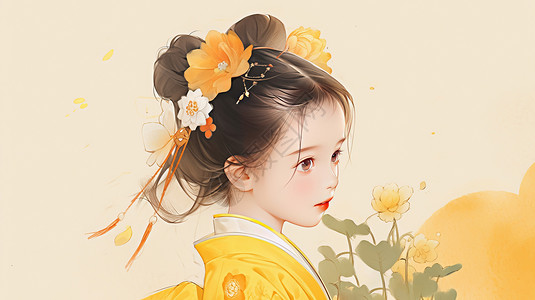 穿和服小女孩秋天穿汉服赏花的可爱卡通小女孩插画
