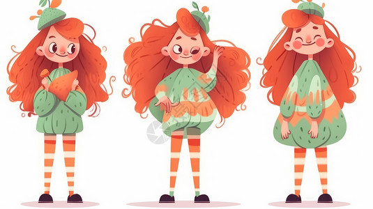 橙色长发可爱的卡通小女孩图片