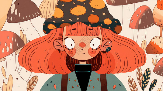 橙色长发戴着帽子的卡通小女孩背景图片