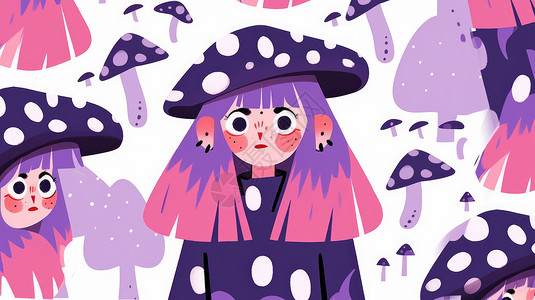 戴蘑菇帽子的可爱卡通小女孩背景图片