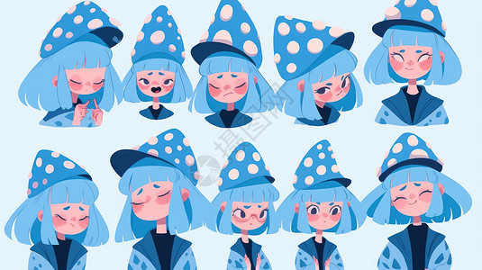 头戴蓝色蘑菇帽子的可爱卡通小女孩各种表情插画