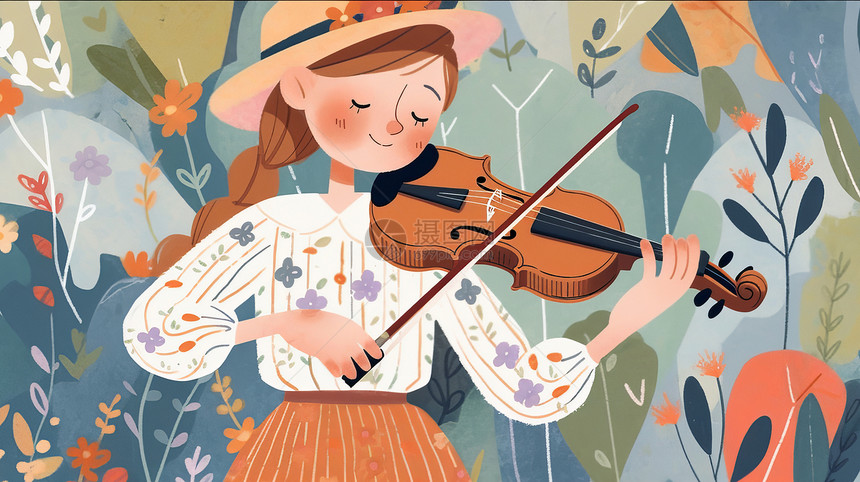 戴着帽子在花丛中拉小提琴的可爱卡通小女孩图片