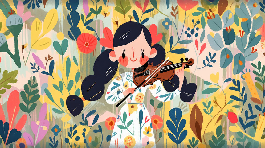 在花丛中拉小提琴的可爱黑色头发卡通小女孩图片
