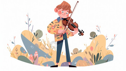 男孩站在草地上站在花丛中拉小提琴的卡通小男孩插画