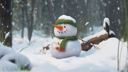 绿色帽子的雪人冬天雪中森林戴着绿色帽子和围巾的卡通小雪人插画