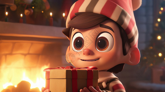 抱着礼物的男孩圣诞节戴着毛线帽抱着礼物盒的大眼睛卡通小男孩插画