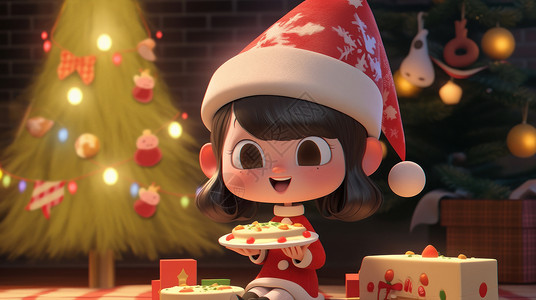 在圣诞树旁端着盘子开心笑的卡通小女孩背景图片