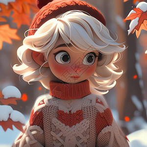 雪早晨枫树穿着毛衣在雪后森林中散步的可爱卡通小女孩插画