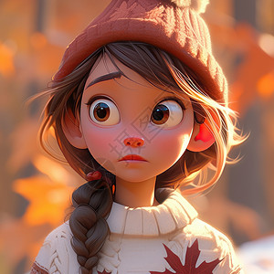 秋天穿毛衣的可爱的卡通小女孩在森林中图片