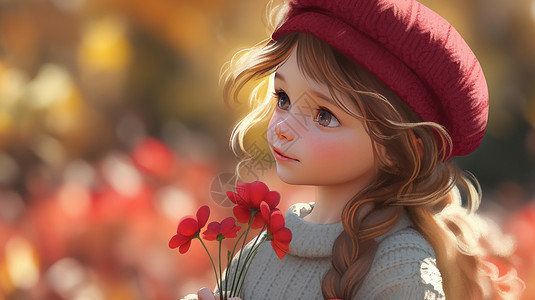 戴着红色帽子手拿花朵的可爱卡通小女孩图片