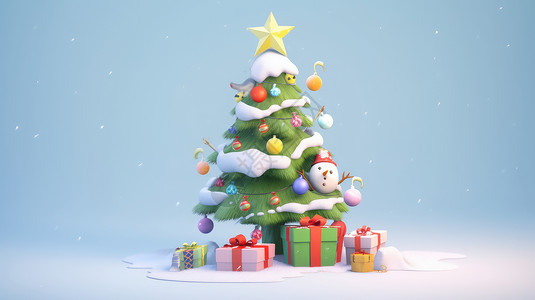 雪人圣诞节装扮挂着积雪华丽装扮的卡通圣诞树插画