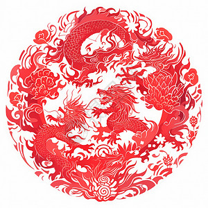 龙年龙与牡丹花图案白色背景上喜庆的红色剪纸龙窗花插画