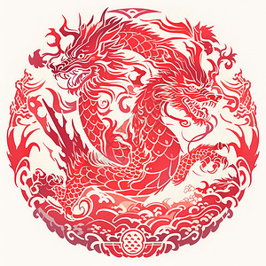 红色剪纸中国风龙年红色喜庆的卡通龙窗花剪纸图案插画