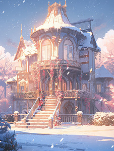 大雪中一座复古的卡通房子背景图片