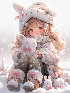 在雪地中抱着玩具的可爱卡通小女孩图片