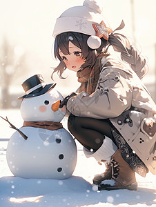 冬天在雪地中堆雪人的可爱卡通小女孩图片