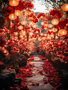 傍晚的花园中挂满了红色喜庆的灯笼图片