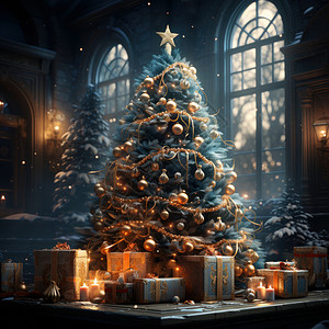 在室内一棵华丽皮奥利安东阁圣诞树高清图片