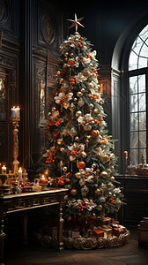 在房间角落摆放着一棵高大华丽的圣诞树背景图片