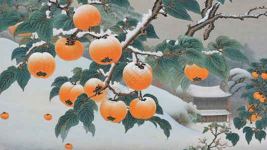 雪地里的橘子乡村田园柿子树雪景插画