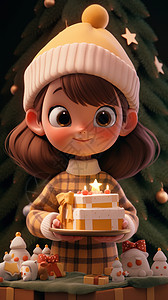 戴着毛线帽端着礼物盒的卡通小女孩背景图片
