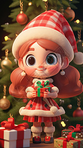 戴红色帽站在圣诞树前的卡通小女孩背景图片