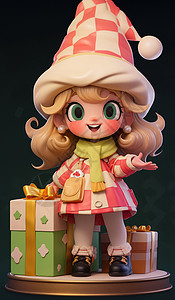 圣诞树小素材戴棋盘格帽站在礼物旁的卡通女孩插画
