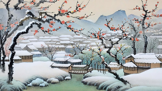 冬天盛开的梅花雪景风景图图片