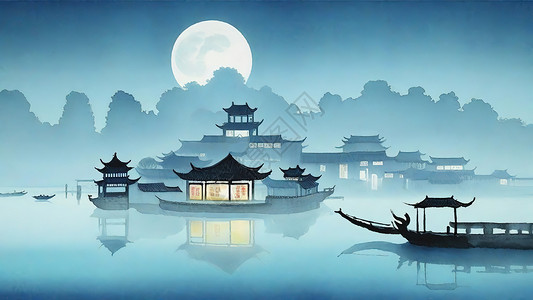 江南中式山水画背景图片
