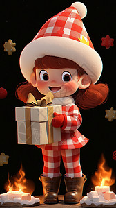 穿格子衣服开心抱着礼物的卡通小女孩背景图片