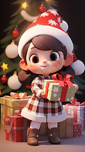抱圣诞树女孩抱着礼物盒的可爱卡通小女孩插画