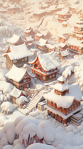 积雪覆盖被雪覆盖的卡通村落插画