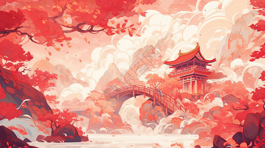 中国风卡通云朵秋天云朵中梦幻卡通古建筑橙色树木山水风景插画